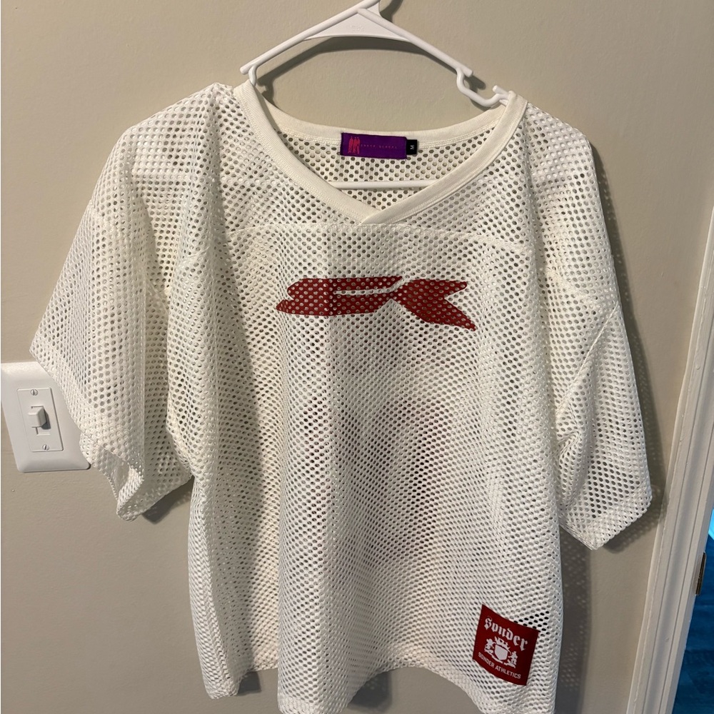 White Mesh Shirt with Red Logo